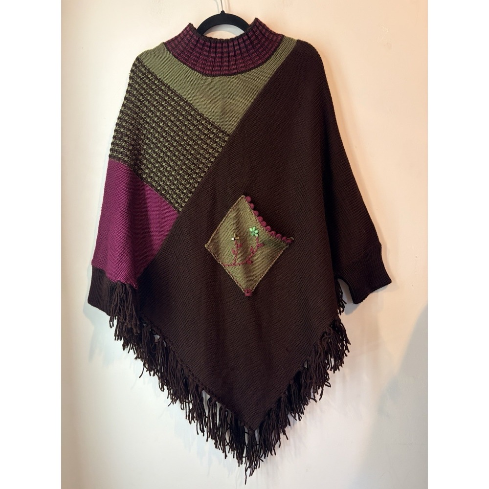 Handmade Knit Poncho Fringe Patchwork Boho Cottagecore Sweater Wrap‎ One Size